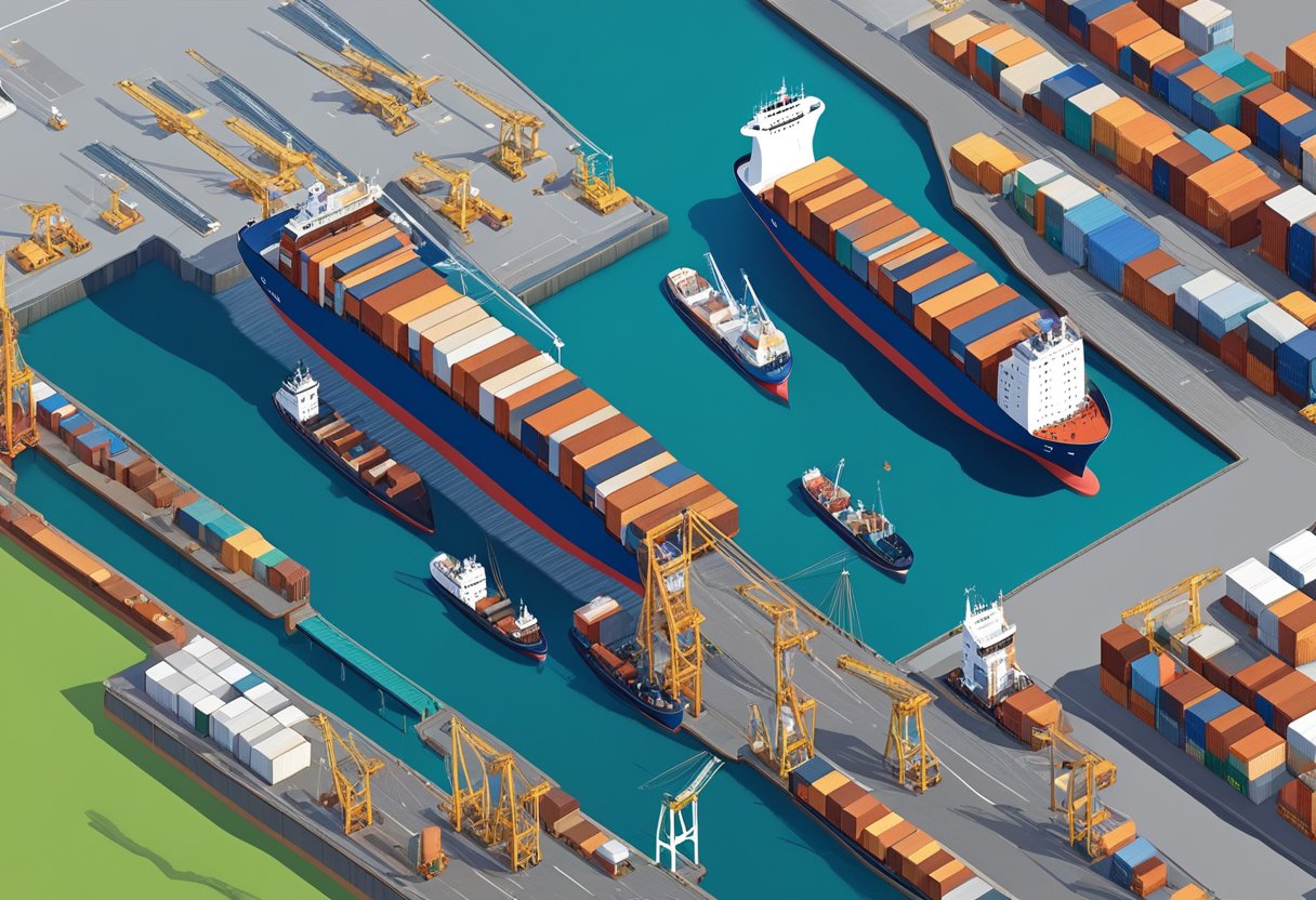 Aerial view of UK container ports with ships, cranes, and storage containers