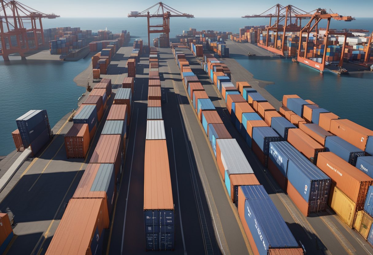 Containers line up at the UK port, some being unloaded, others being loaded onto ships. Trucks and cranes move back and forth, organizing the cargo