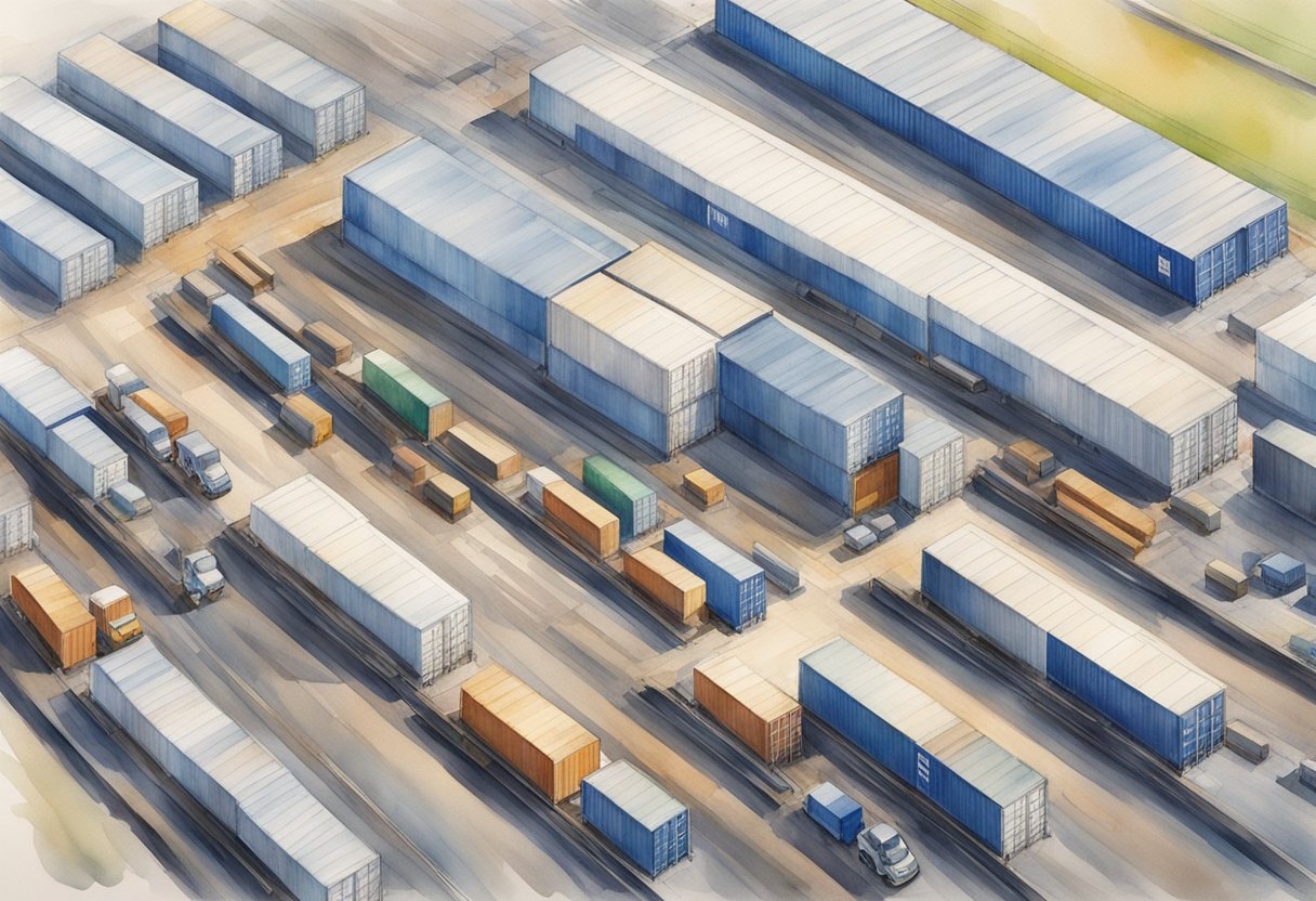 An aerial view of UK Inland Container Depots with rows of stacked containers and trucks moving in and out of the facility