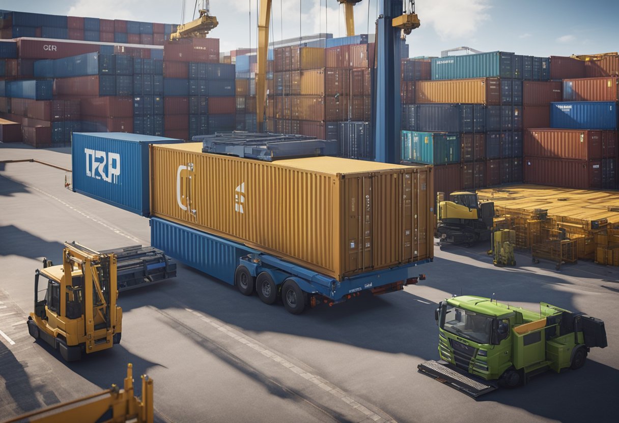 A shipping container being loaded onto a truck at a UK port, with workers securing it with straps and following transport regulations