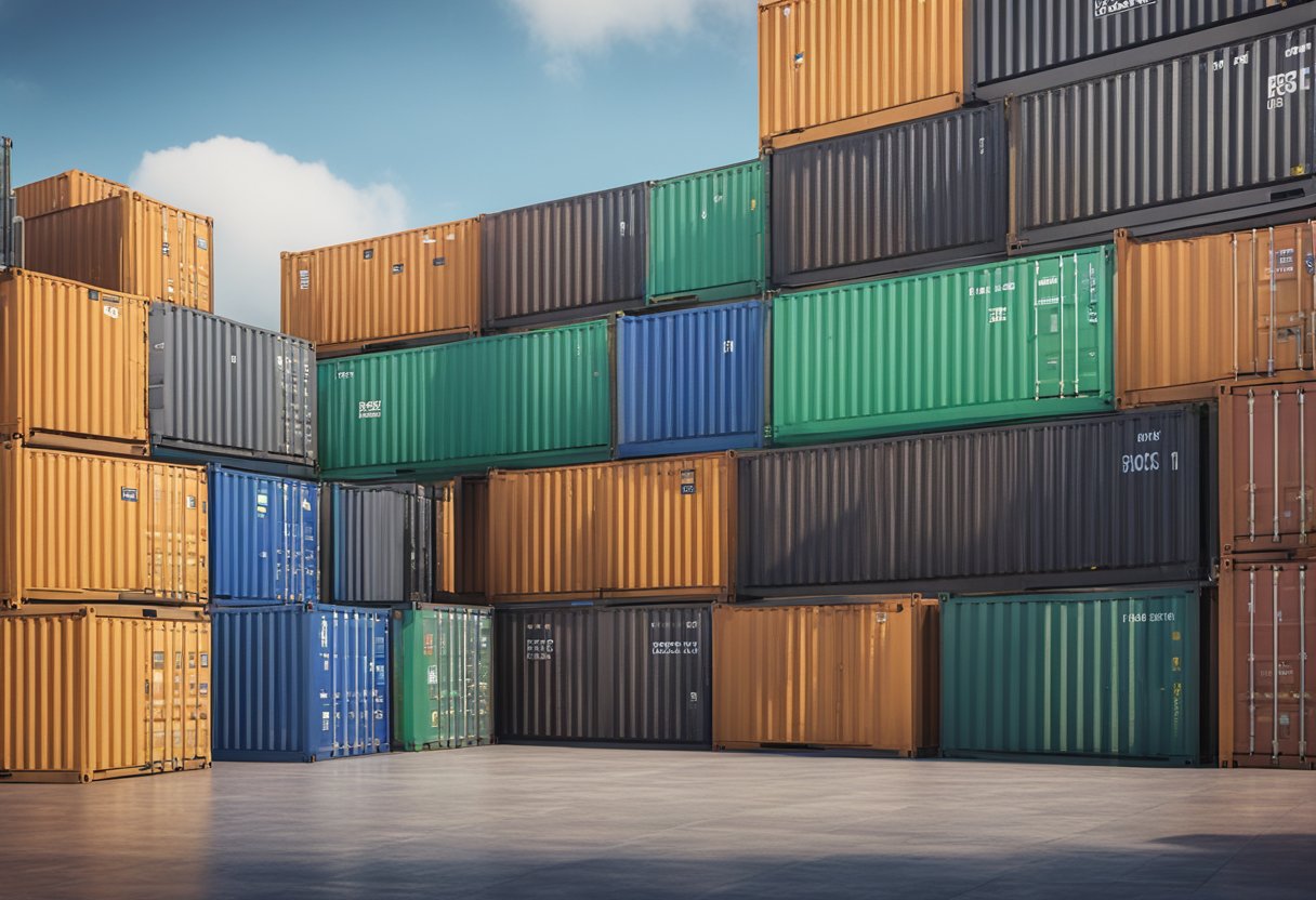 Shipping containers stacked at a UK port, with clear signage displaying compliance with transport regulations and legal framework for container transport