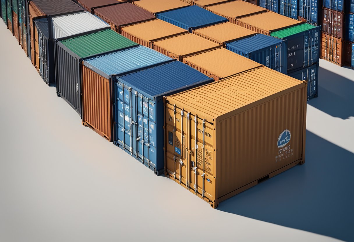 A stack of shipping containers, labeled with UK transport regulations, undergoes periodic examinations for standards compliance