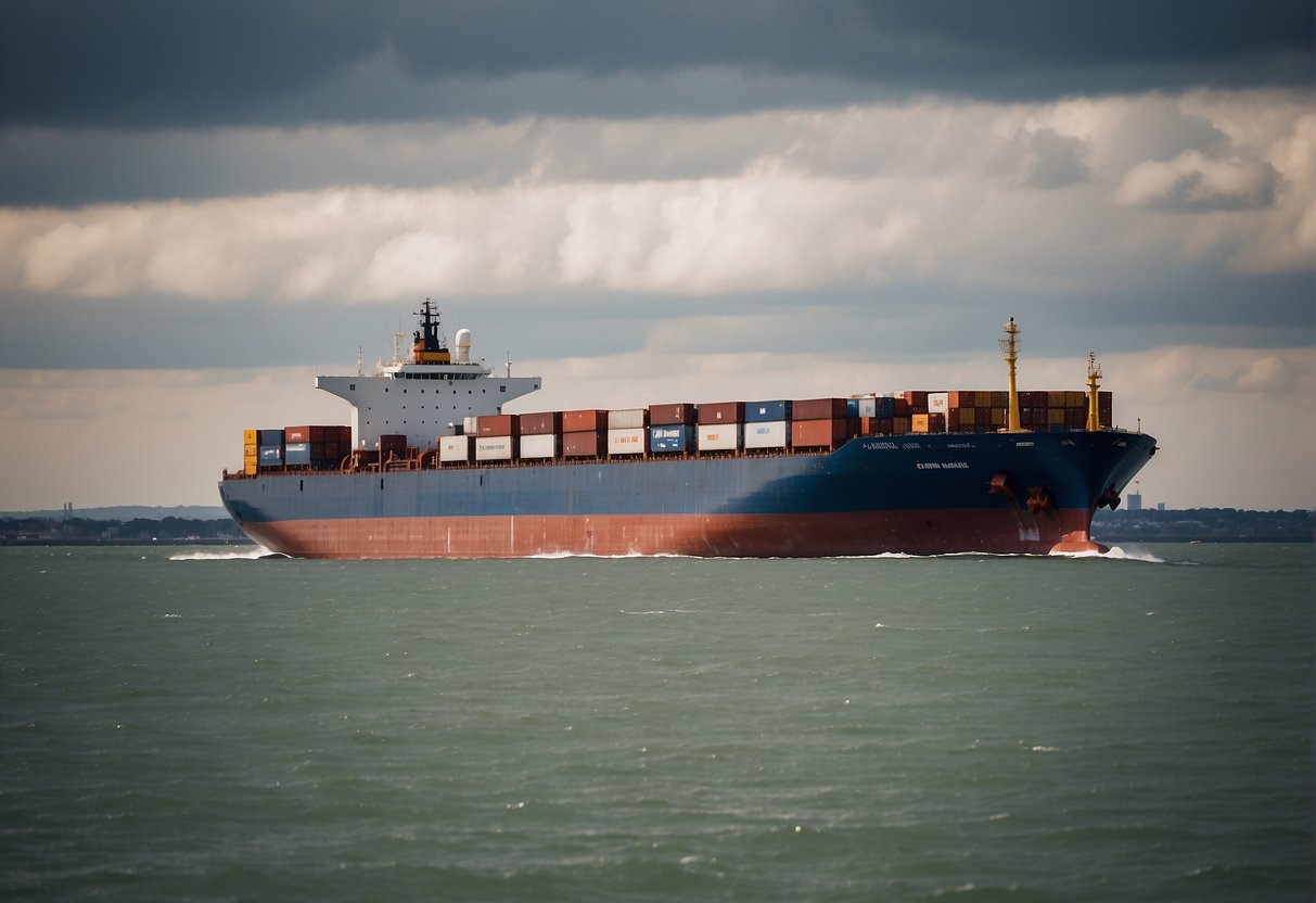 A cargo ship sails through the English Channel, passing by the ports of Southampton and Felixstowe, carrying shipping containers destined for various UK destinations