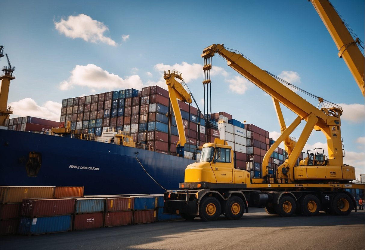 Shipping containers being loaded onto a cargo ship at a port in the UK. Trucks and cranes are busy moving the containers onto the vessel