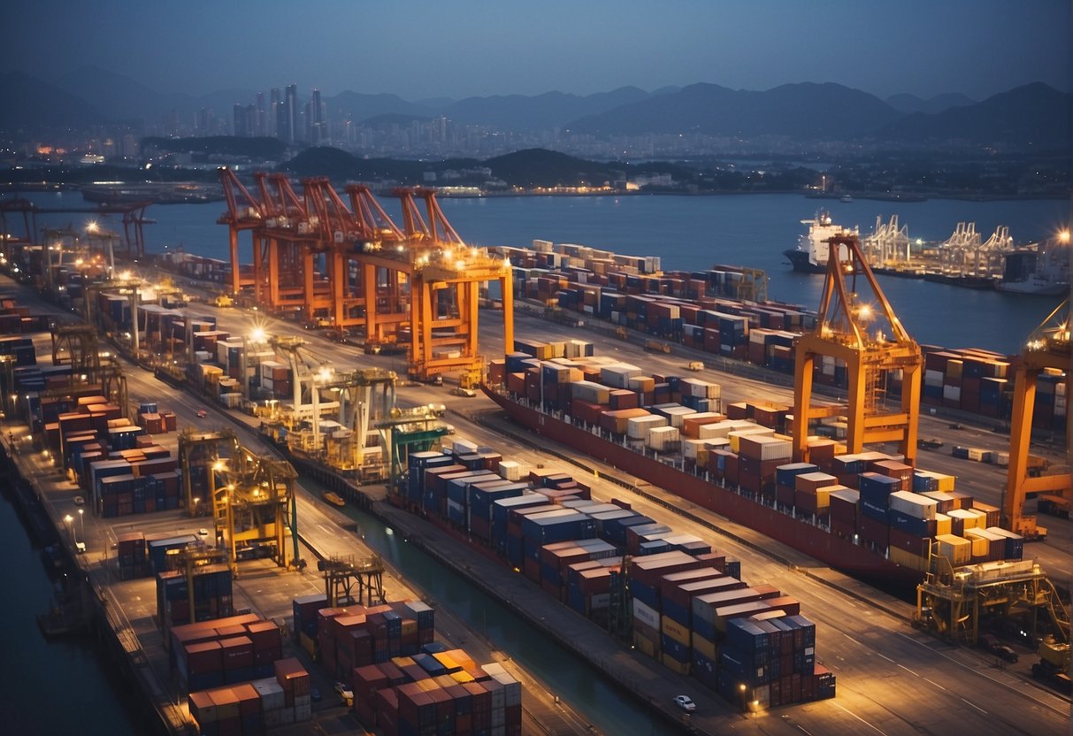 A busy port with large cargo ships loading and unloading shipping containers, with cranes and trucks moving containers onto and off of the ships