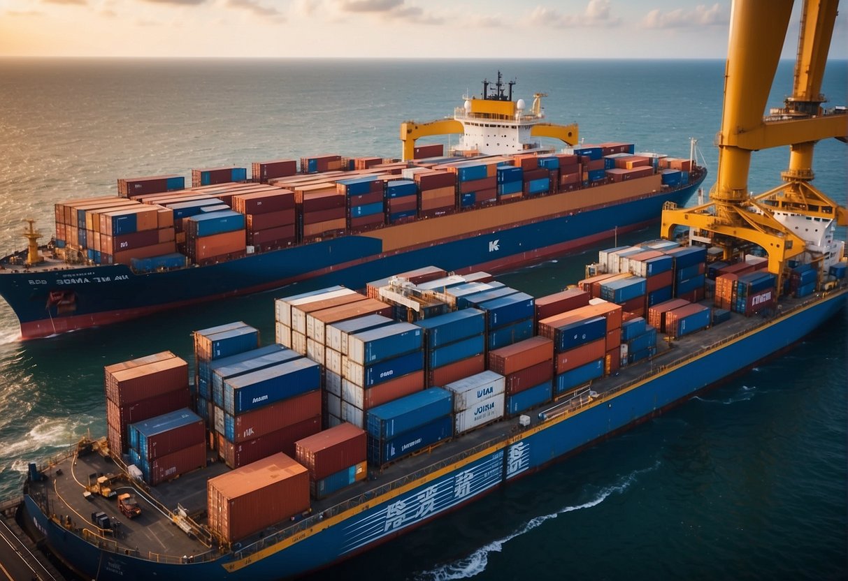 A cargo ship loaded with shipping containers sails across the ocean, with cranes and trucks visible on the dockside