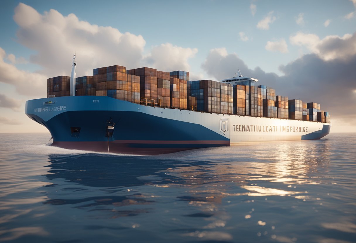 A futuristic container ship glides effortlessly through the water, surrounded by sleek, automated loading and unloading systems. High-tech drones and robots work in harmony to efficiently manage cargo operations