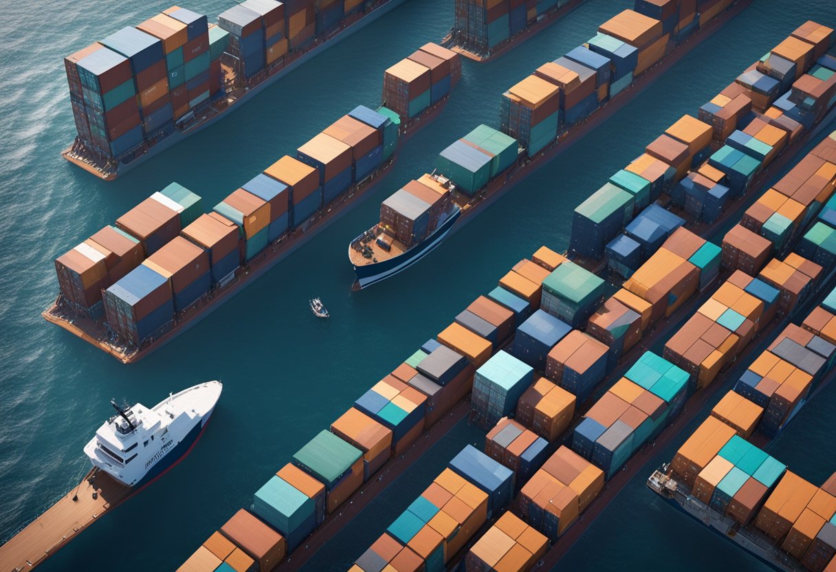 A fleet of autonomous shipping containers glide across the ocean, guided by advanced GPS and communication systems, while drones hover above, monitoring their progress