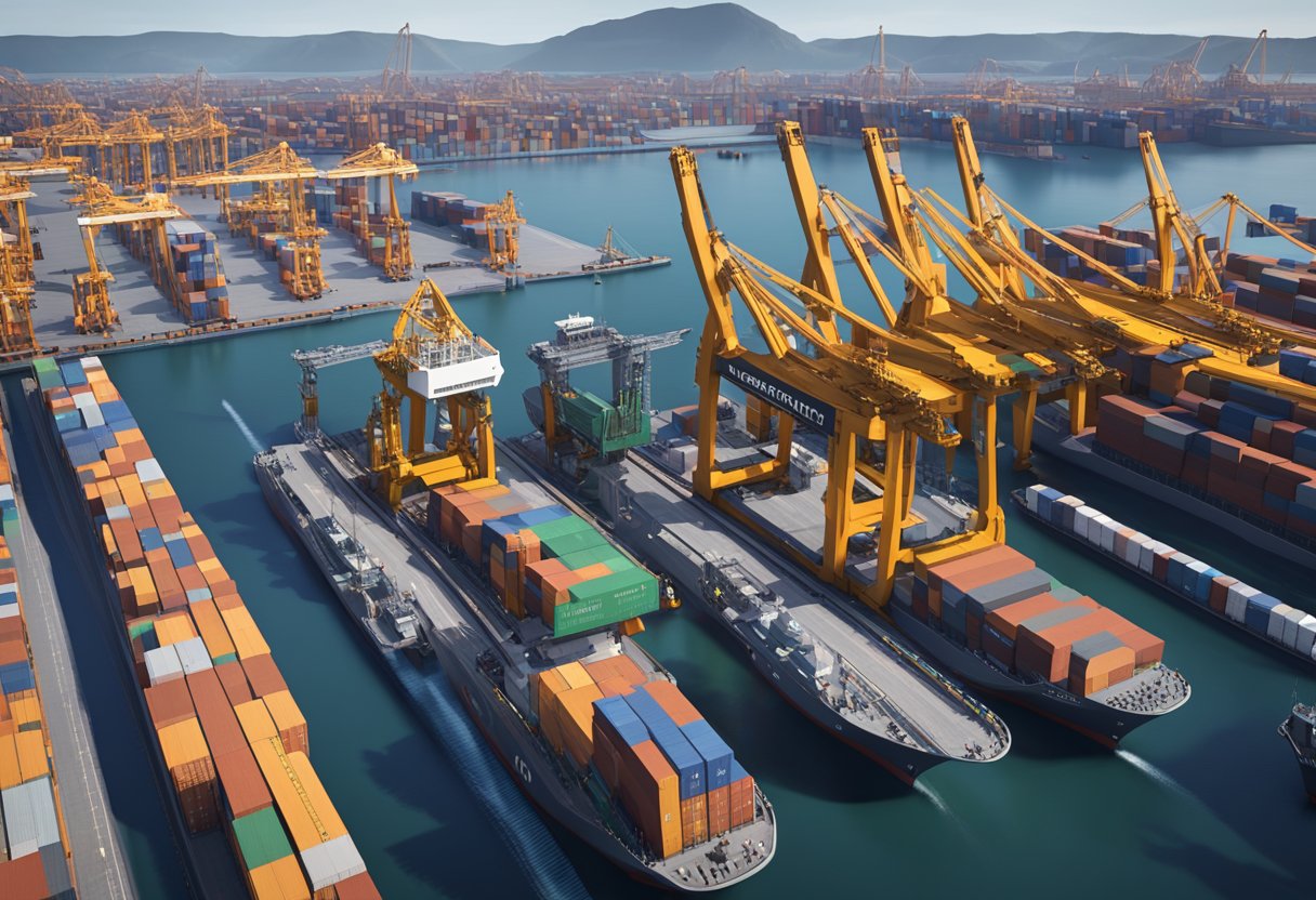 A futuristic container ship glides effortlessly through a bustling port, surrounded by automated cranes and robotic cargo handlers. The ship's sleek design and advanced technology hint at the future of container transport